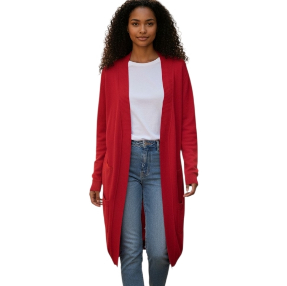 Cielo Long Open-Front Red Cardigan with Pockets Sz.XL EUC